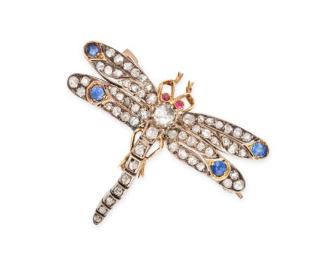 AN ANTIQUE SAPPHIRE, RUBY AND DIAMOND EN TREMBLANT DRAGONFLY BROOCH in yellow gold and silver, designed as a dragonfly set en