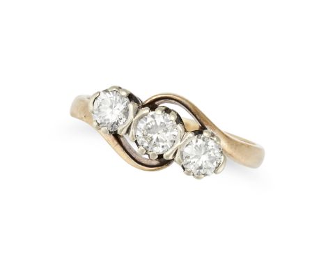 A THREE STONE DIAMOND RING in 9ct yellow gold, set with three round brilliant cut diamonds, full British hallmarks, size K / 