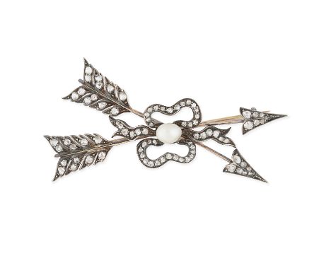 AN ANTIQUE DIAMOND AND PEARL ARROW BROOCH designed as two crossed arrows set with rose cut diamonds, tied together with a rib