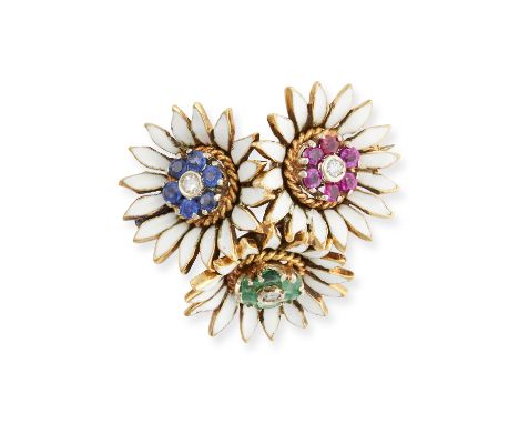 A RUBY, EMERALD, SAPPHIRE, DIAMOND AND ENAMEL FLOWER BROOCH in yellow gold, designed as three flowers, each set with a single