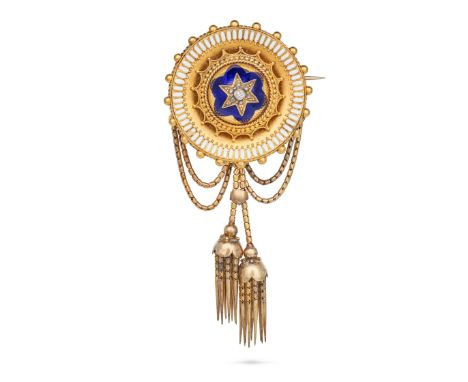 AN ANTIQUE DIAMOND AND ENAMEL ETRUSCAN REVIVAL BROOCH in gold plate, comprising rose cut diamonds in star motif, in a border 