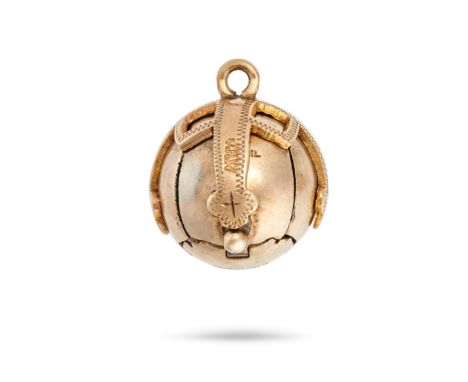 AN ANTIQUE MASONIC PUZZLE BALL LOCKET PENDANT in 9ct yellow gold and silver, the spherical body with engraved decoration, ope