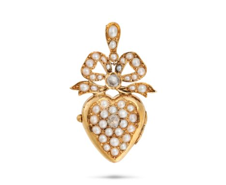 AN ANTIQUE PEARL AND DIAMOND SWEETHEART LOCKET PENDANT, 19TH CENTURY in yellow gold, designed as ribbon set with a rose cut d