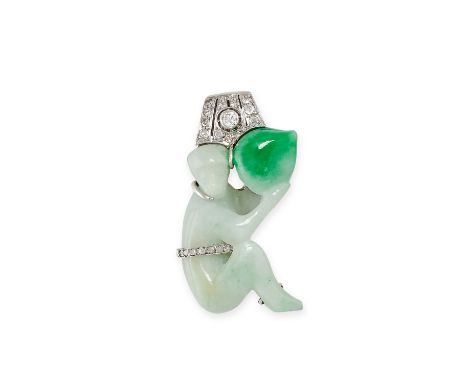 AN ART DECO JADEITE JADE AND DIAMOND CLIP BROOCH set with a piece of carved jade designed as a monkey holding a piece of frui