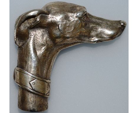 A CAST SILVER “GREYHOUND HEAD” WALKING STICK HANDLE.