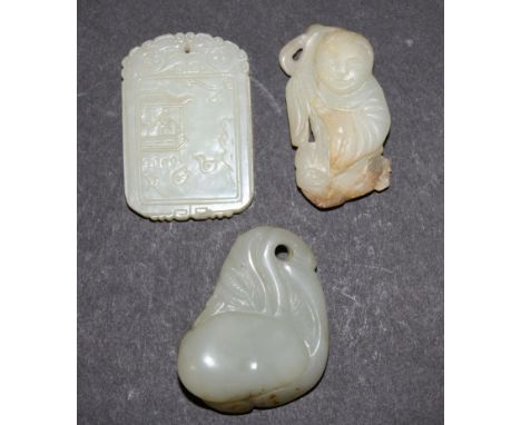 A CHINESE WHITE JADE PENDANT, carved to one side in low relief with a lakeside scene and to the reverse side with columns of 