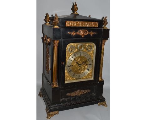 A GOOD LARGE 19TH CENTURY MAHOGANY CASED MUSICAL BRACKET CLOCK, chiming on eight bells, with silvered chapter ring and column