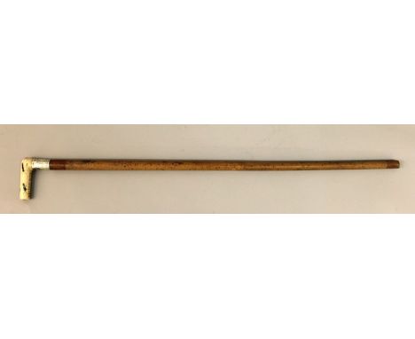  A WOOD WALKING STICK WITH A JAPANESE SHIBAYAMA & IVORY HANDLE, the signed handle inlaid in hardstones and mother-of-pearl wi