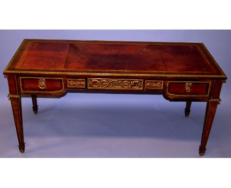 A VERY GOOD 19TH CENTURY FRENCH KINGWOOD BUREAU PLAT, the handles stamped A. M. 5106, the crossbanded top with inset leather 