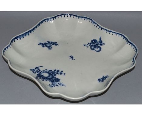 AN 18TH CENTURY WORCESTER SQUARE DISH painted with a dot and loop border surrounding various fruits.