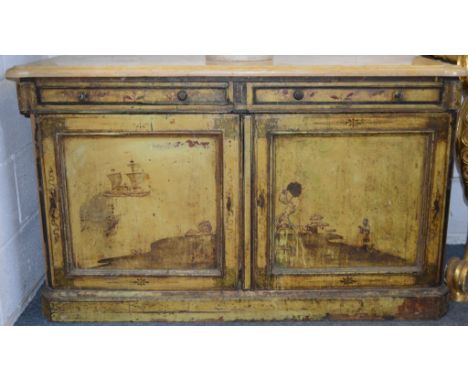 A 19TH CENTURY PAINTED MARBLE TOP COMMODE, two drawers over two cupboard doors