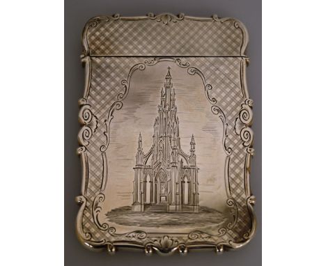 A VICTORIAN SILVER ENGINE TURNED CALLING CARD CASE by NATHANIEL MILLS, Birmingham 1844, engraved with a view of The Albert Me