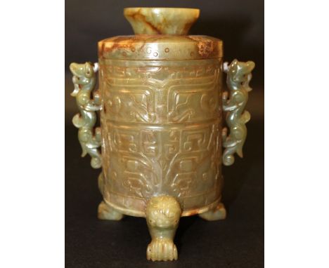 A CHINESE JADE-LIKE TRIPOD VASE & COVER, of archaic form and decoration, 7.4in high overall.