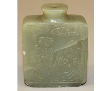  A CHINESE CELADON GREEN JADE SNUFF BOTTLE, carved to one side with a sage and attendant, and to the reverse side with callig