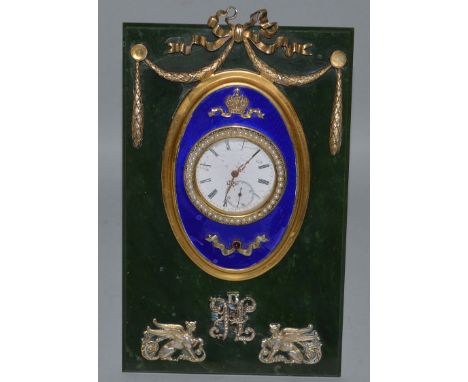 A RUSSIAN GREEN JADE, BLUE ENAMEL, SEED PEARL AND GOLD EASEL CLOCK. Bears the Mark of Faberge in a Faberge case. 6ins high.