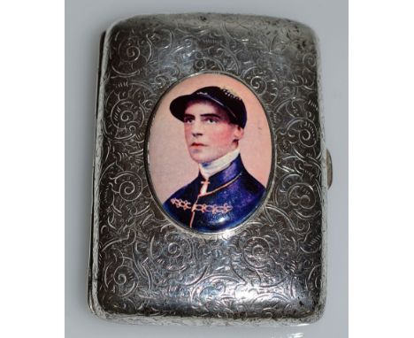 A VICTORIAN ENGRAVED CIGARETTE CASE, Birmingham 1887, set with a portrait of Fred Archer.