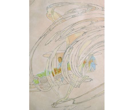 20th Century English School. An Art Deco Fantasy, with Chinese Fruit sellers with their Carts behind, Coloured Print, Indisti