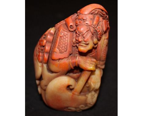 A CHINESE SOAPSTONE-LIKE MODEL OF TWO WARRIOR DEITIES, one holding a large axe, 4.2in high.