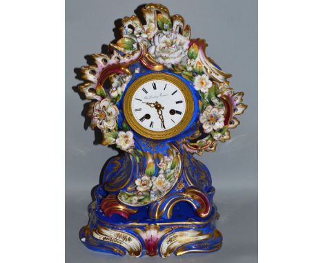 A GOOD 19TH CENTURY FRENCH PORCELAIN CASED MANTLE CLOCK AND STAND in the manner of JACOB PETIT, the eight day movement by Ch.