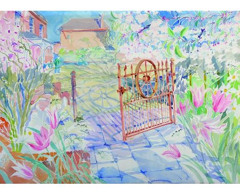Elizabeth Jane Lloyd (1928-1995) British. The Garden Gate, with Lilies, Watercolour, Signed and Dated 1986, 22” x 30”.