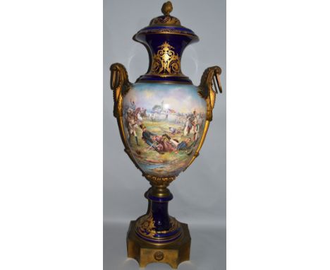 A GOOD LARGE 19TH CENTURY FRENCH SEVRES TWO HANDLED VASE AND COVER with ormolu mounts, the body painted with a portrait of NA