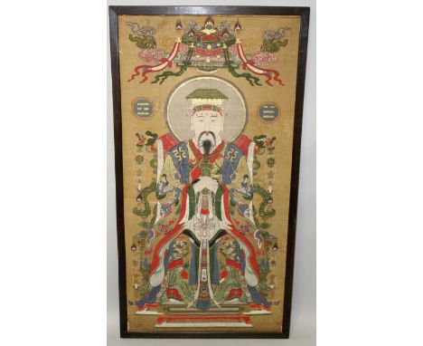 A LARGE 19TH/20TH CENTURY CHINESE FRAMED PORTRAIT OF AN EMPEROR, seated in elaborately decorated robes upon a dragon throne, 