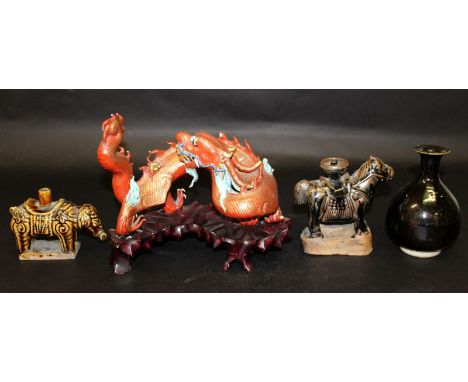 A CHINESE PORCELAIN MODEL OF A DRAGON, together with a fitted wood base, the dragon decorated in iron-red, gilding and enamel