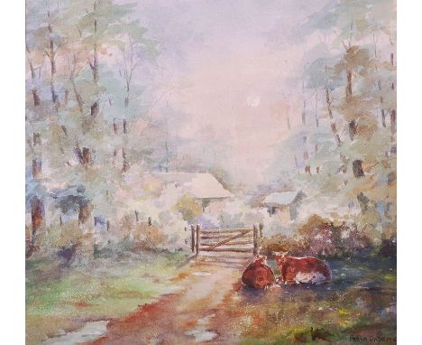 Freya Dade (1935-   ) Australian. Cows Resting by a Gate, Watercolour, Signed and Dated 1987, 19” x 20”.