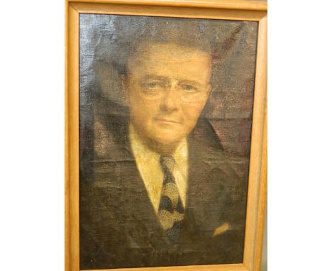 An oil on canvas portrait of a gentleman wearing spectacles, 19'' x 13''