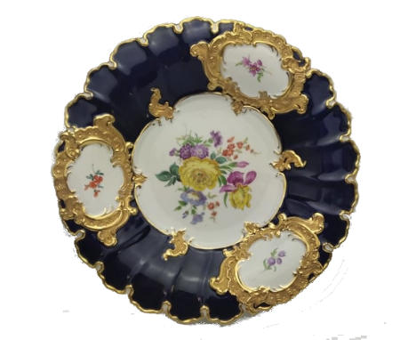 First half  20th century, Cobolt blue with gold roccalie medallions with assorted flowers. Marked with double sword underglaz