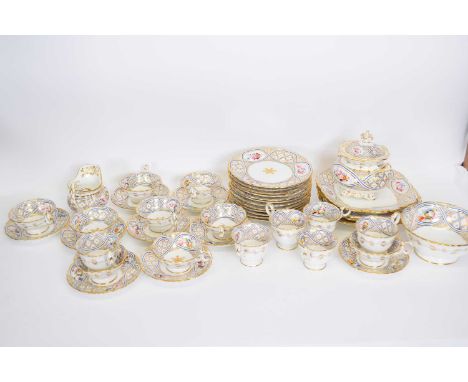 Extensive mid-19th century tea service comprising 12 cups and saucers, further 8 tea cups and saucers, milk jug, sucrier, sid