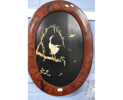 Pair of Japanese Shibayama type panels inset with mother of pearl and bone, formed in the design of cranes amongst foliage se
