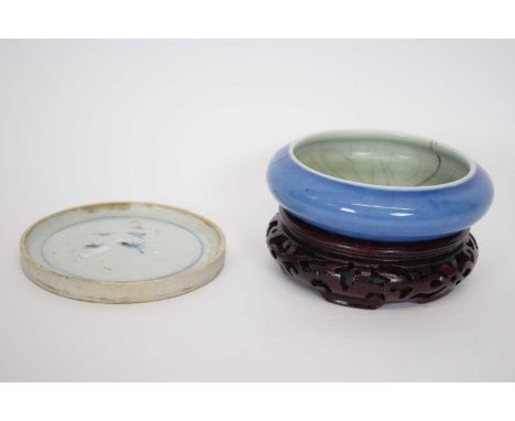 Chinese porcelain brush washer, blue ground, possibly Qianlong period, and a further small Chinese porcelain circular dish or