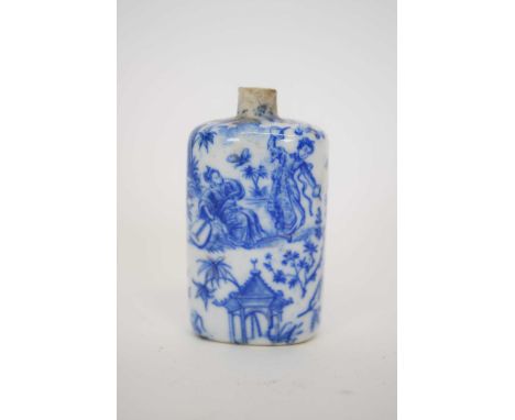 19th century pottery flask with blue and white design, 6cm high