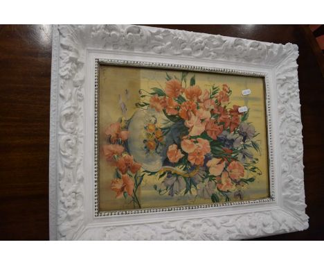 19th century white painted foliate moulded picture frame containing a coloured print of sweet peas, 58cm high