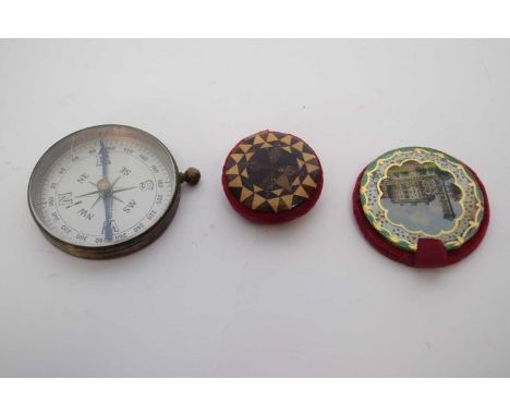 Continental Italian scene disc, further small metal container and mosaic button