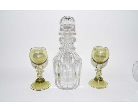 Early 19th century Georgian glass decanter, heavy leaded glass of pillar cut and three ring shape with mushroom knop, togethe