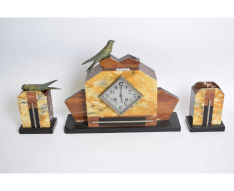 Art Deco period coloured marble 3-piece clock garniture, the architectural cased clock with twin train movement and the case 