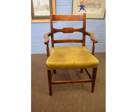 Late 19th century mahogany carver chair with green leather upholstered seat and ladder back, 85cm high