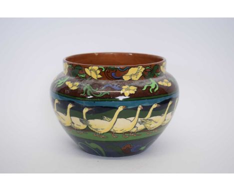 Foley Intarsio jardiniere decorated with a central panel of geese, (repair to rim), 16cm diam