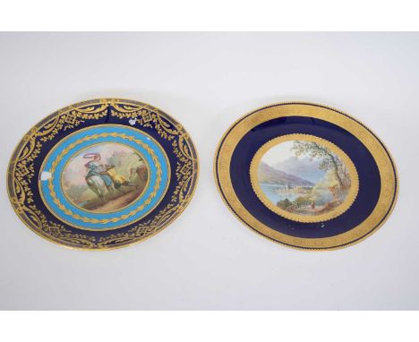 Minton plate painted with an Italian scene, Lake Como, together with a further Minton plate, the central panel decorated with