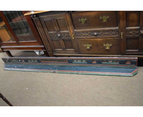 19th century Swedish folk art long painted wall shelf with bridal initials A.H.S and A.A.D dated 1829, 147cm long