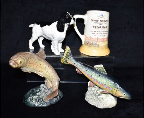 A BESWICK MODEL OF A GOLDEN TROUT NUMBER 1246  and a Brown Trout number 1042, a Beswick spaniel and a Royal Doulton Grand Nat