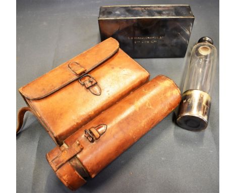 A LEATHER CASED PLATED SPIRIT FLASK AND SANDWICH TIN SET  by Merry, St. James's St, London, the tin engraved to the lid 'SIR 