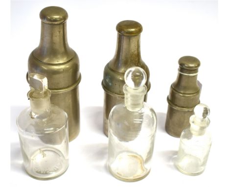 THREE GRADUATED CYLINDRICAL PLATED FLASKS AND COVERS  each containing a glass flask with stopper, the largest 16.5 cm high (3
