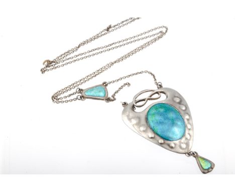 A Charles Horner Art Nouveau silver and enamel pierced drop-shaped pendant necklace. The neck-chain detached, hallmarks for C