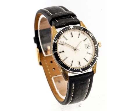Swiss, a vintage gentleman's gold-plated and stainless steel automatic wristwatch. The satinised silvered dial with raised ba