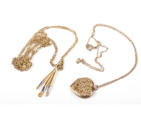 A vintage Italian 9ct gold rope-twist pendant necklace and a locket and chain. The first 44cm long overall (17 inches), 1.8g,