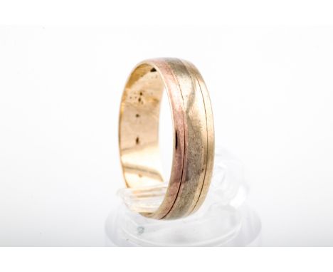 A vintage 9ct tri-colour gold broad wedding band, hallmarks for London 1984, 5.5mm wide, size leading-edge  Q+, 2.8g 