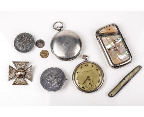 A small collection silver and metal items. Including a William IV silver pocket watch case, a silver cased open face pocket w